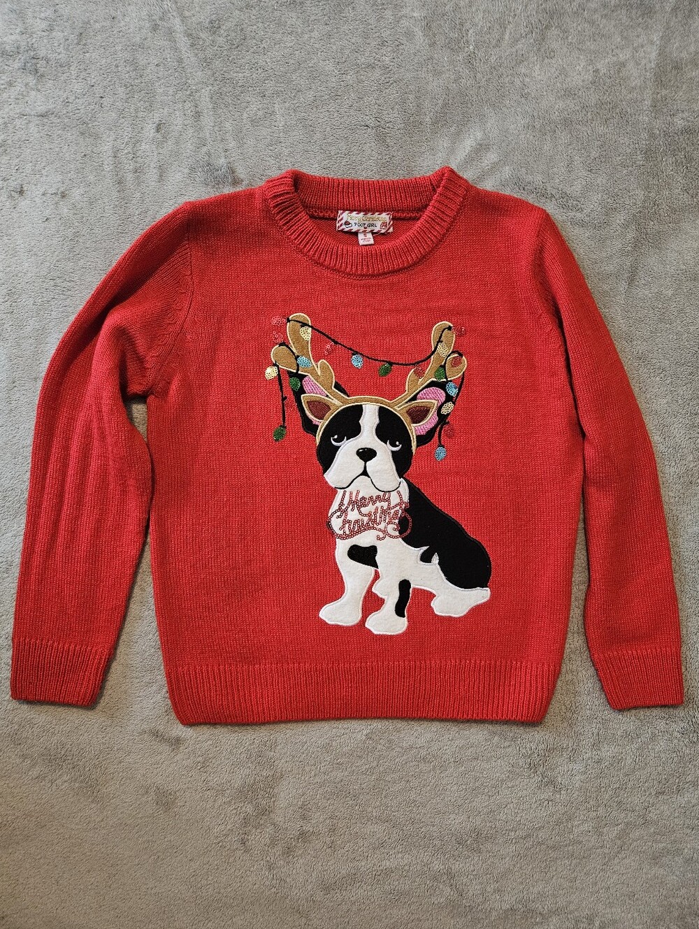 Red Christmas Acrylic Sweater with Festive Dog